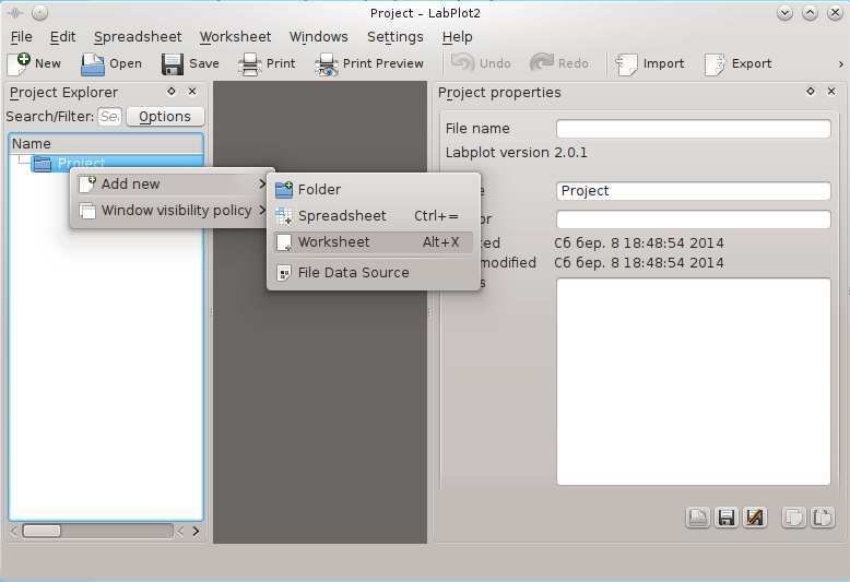 Adding new LabPlot worksheet